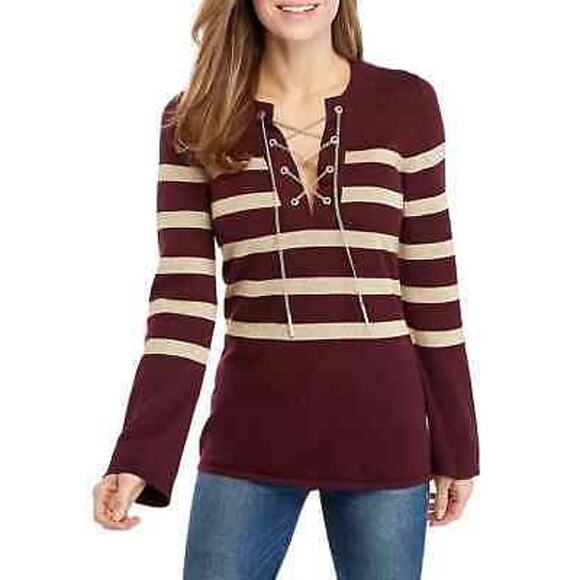 Michael Kors Ladies Eggplant Purple & Metallic Gold Sweater w/ Chain Lace Up, S - Picture 1 of 6